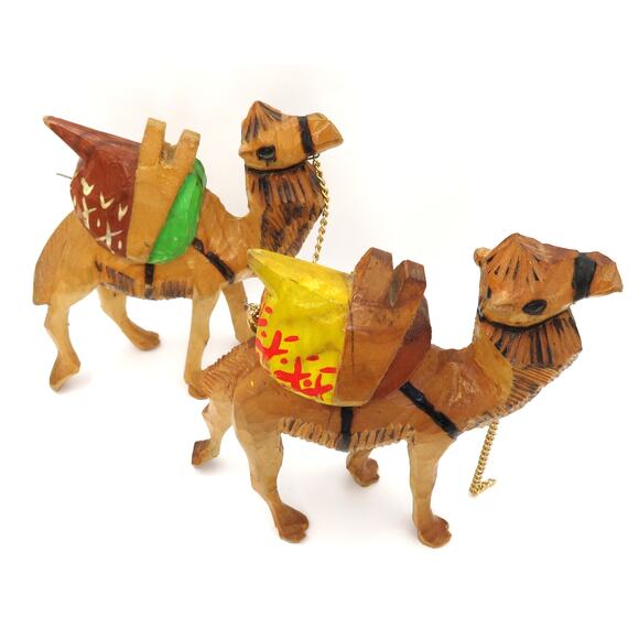Pair of Hand Carved Wooden Camels 6” Folk Art Painted Figures Vintage Boho Decor - Picture 1 of 11